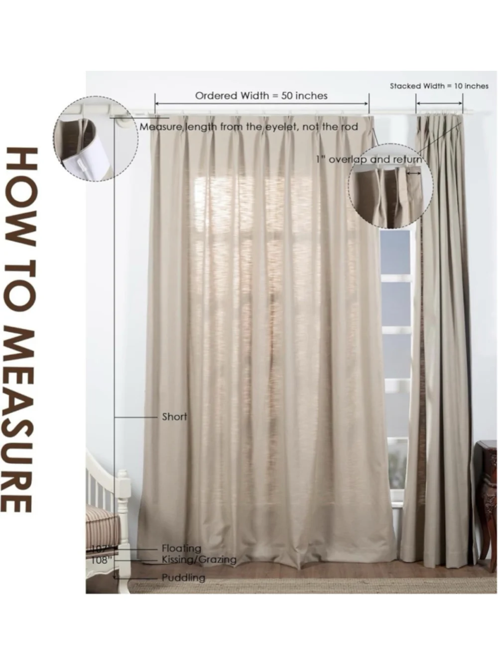 TWOPAGES Pinch Pleated Linen Curtain, Grey Beige, 40W x 84L 1 Panel